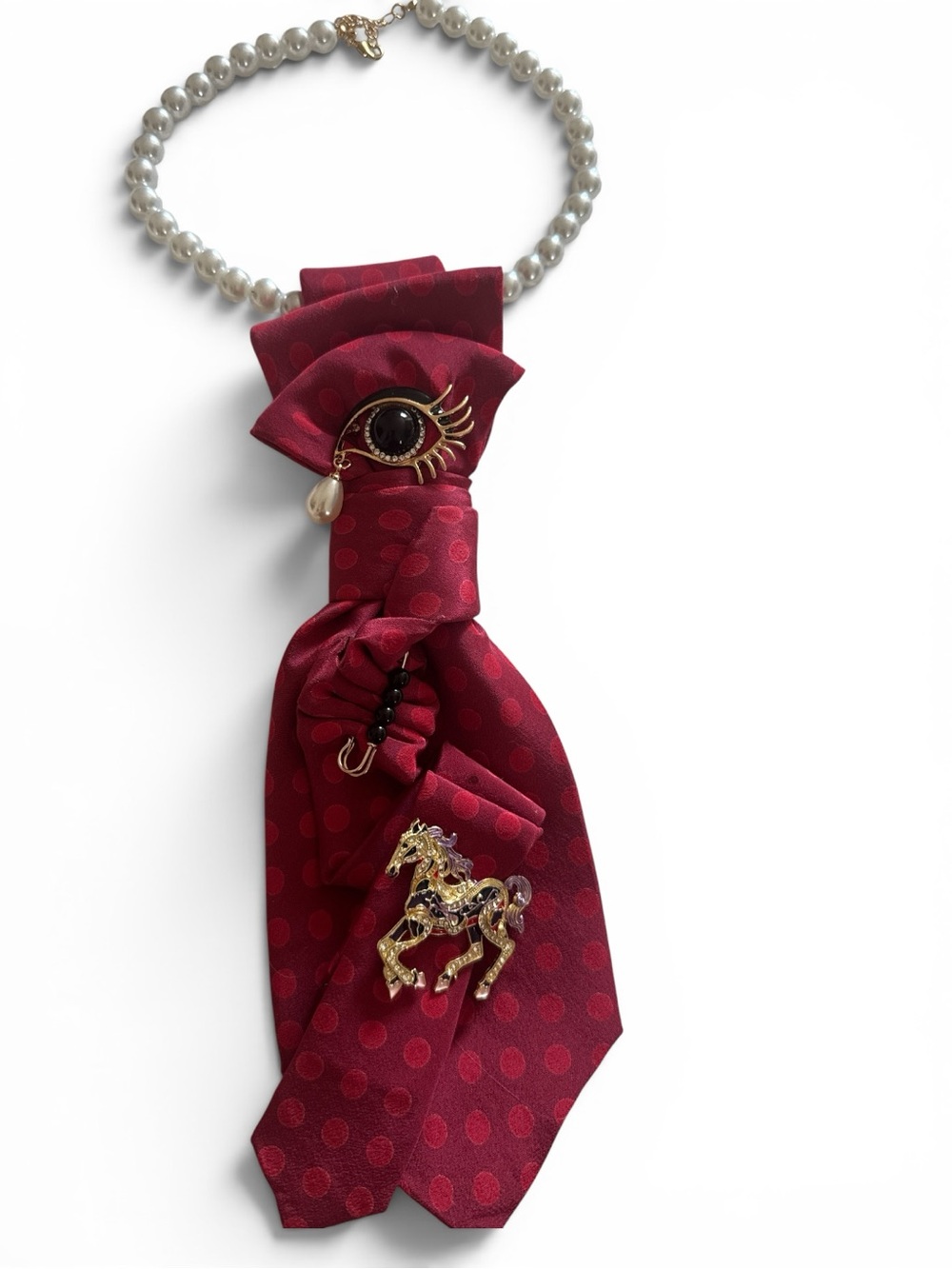Unique Fashion Accessory,Reimagined Burgundy Polka Dot Tie Necklace - Picture 3 of 5
